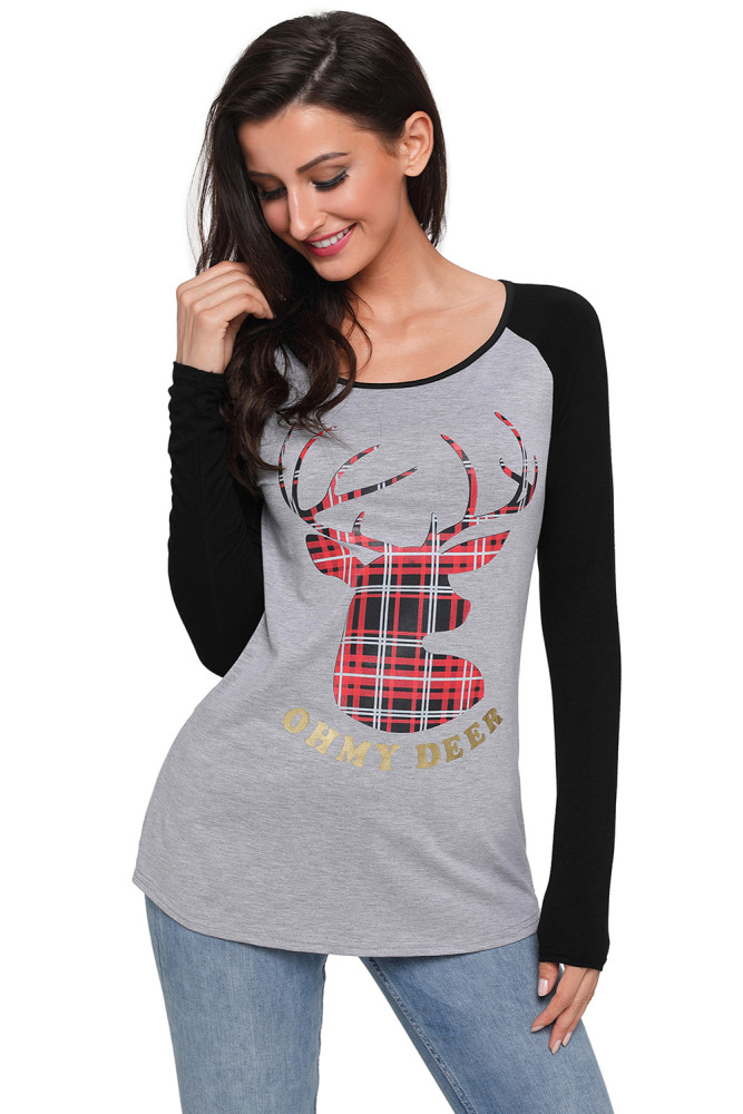 Oh My Deer Plaid Christmas Reindeer Black Sleeve Blouse