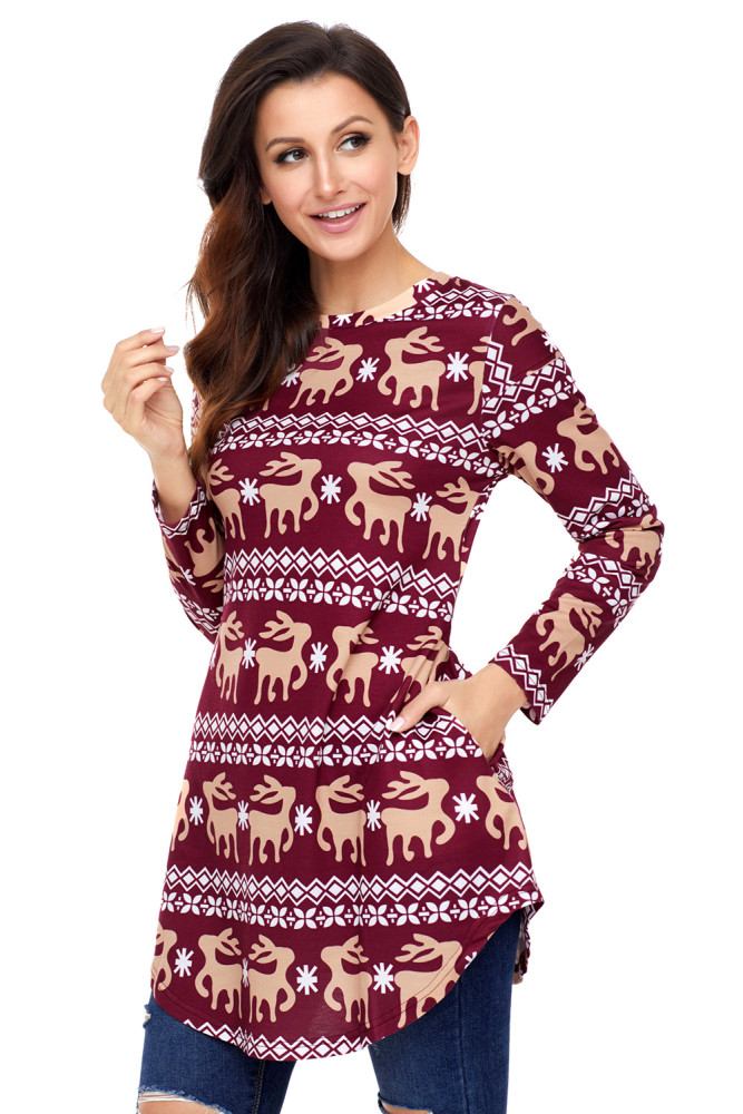 Burgundy Geometric Snowflake Christmas Reindeer Blouse