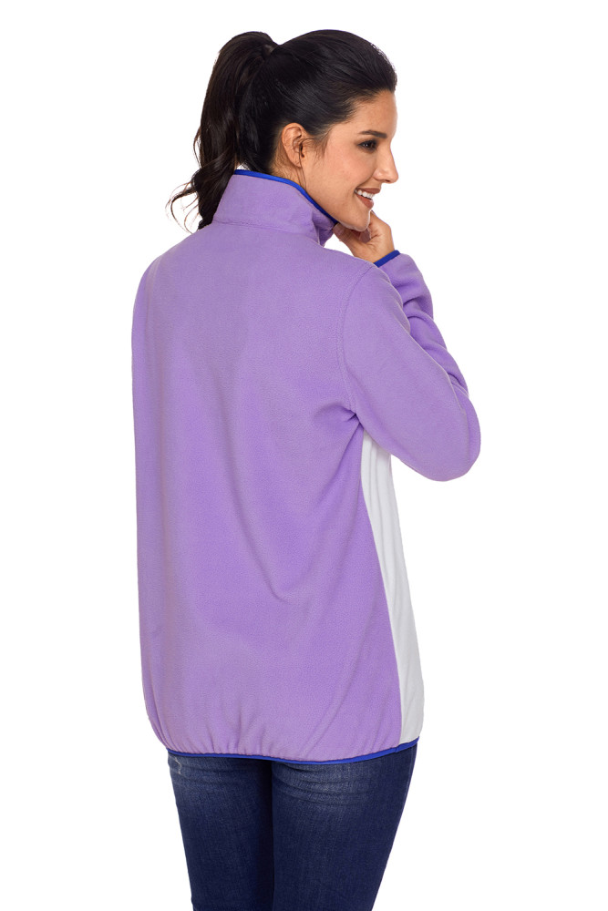 Purple Stand Collar Buttons Fleece Pullover Top