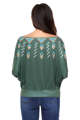 Green Printed Batwing Sleeve Skew Neck Blouse