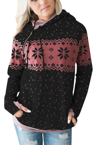 Black Double Hood Snowfall Print Sweatshirt