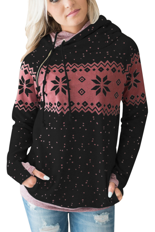 Black Double Hood Snowfall Print Sweatshirt