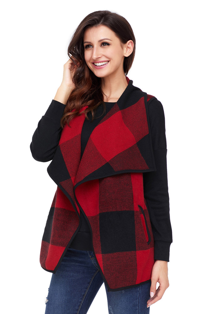 Red Black Plaid Open Front Vest