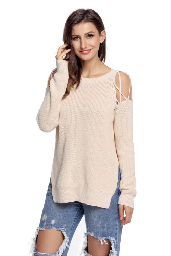 Apricot Lace up Shoulder Sweater