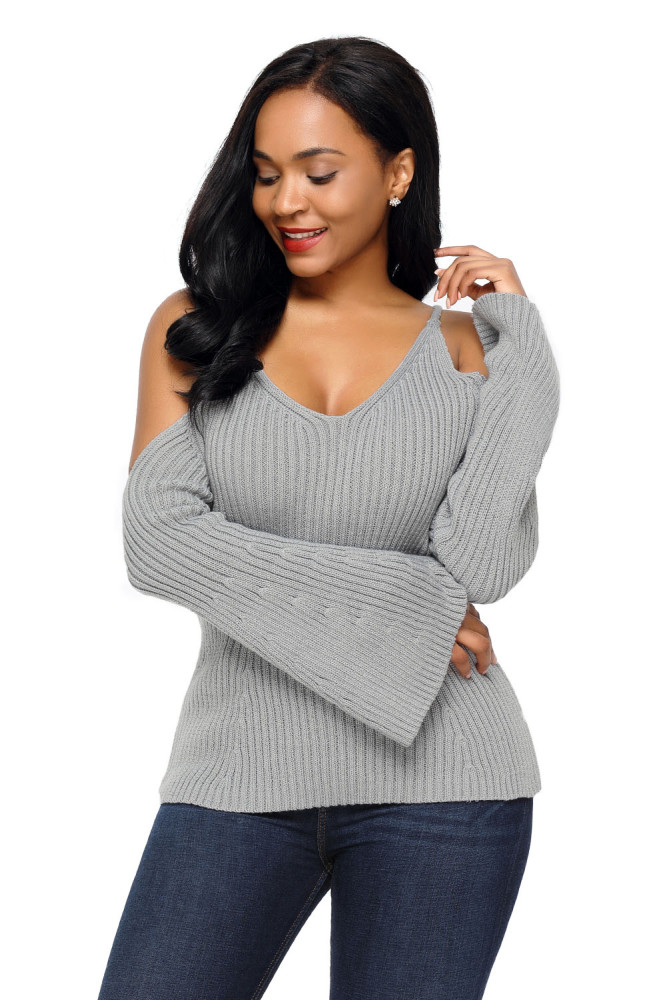 Gray Cold Shoulder Bell Sleeve Sweater