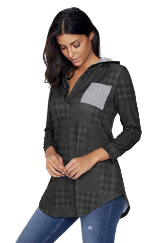 Charcoal Houndstooth Plaid Button V Neck Hoodie