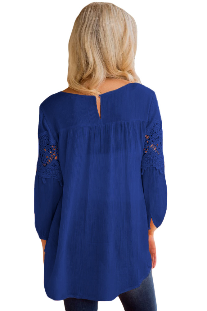 Royal Blue Crochet Detail Long Sleeve Babydoll Top