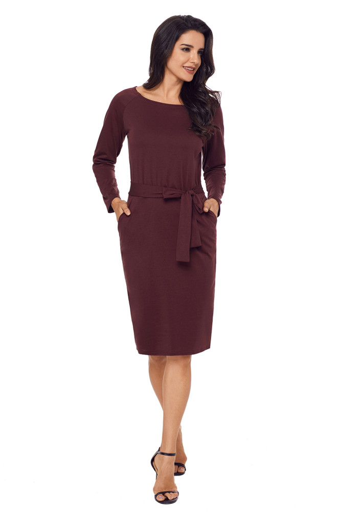 Coffee Roll-tab Long Sleeve Tie Waist Midi Dress