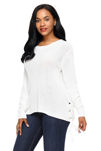 White Long Sleeve Lace up Sided Sweater