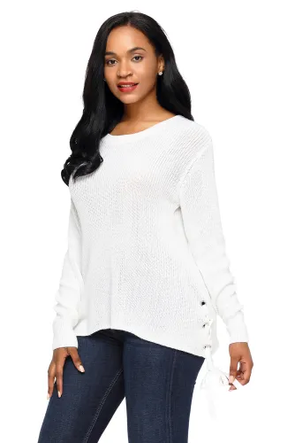 White Long Sleeve Lace up Sided Sweater