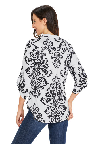 Black Damask Print Slight Collar V Neck Blouse