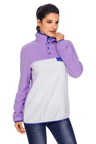 Purple Stand Collar Buttons Fleece Pullover Top