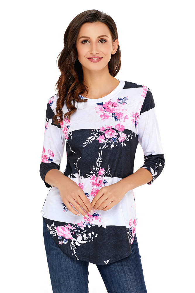 Charcoal White Bold Stripe Pink Floral Shirt