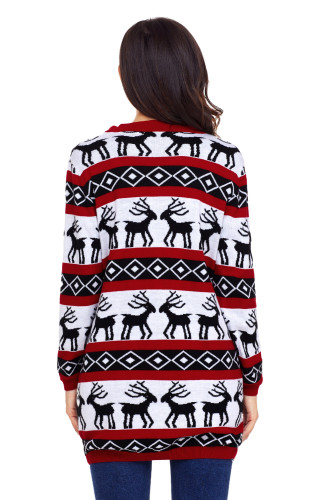 Red White Reindeer Geometric Christmas Cardigan