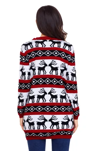 Red White Reindeer Geometric Christmas Cardigan