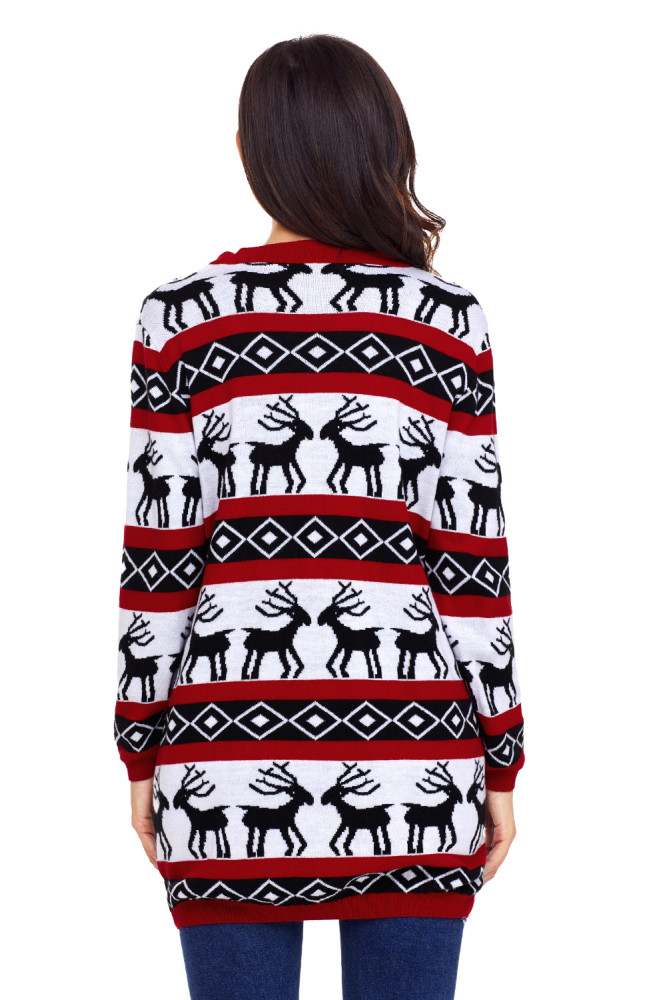 Red White Reindeer Geometric Christmas Cardigan