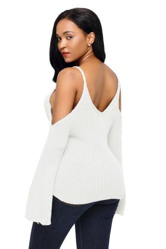 White Cold Shoulder Bell Sleeve Sweater
