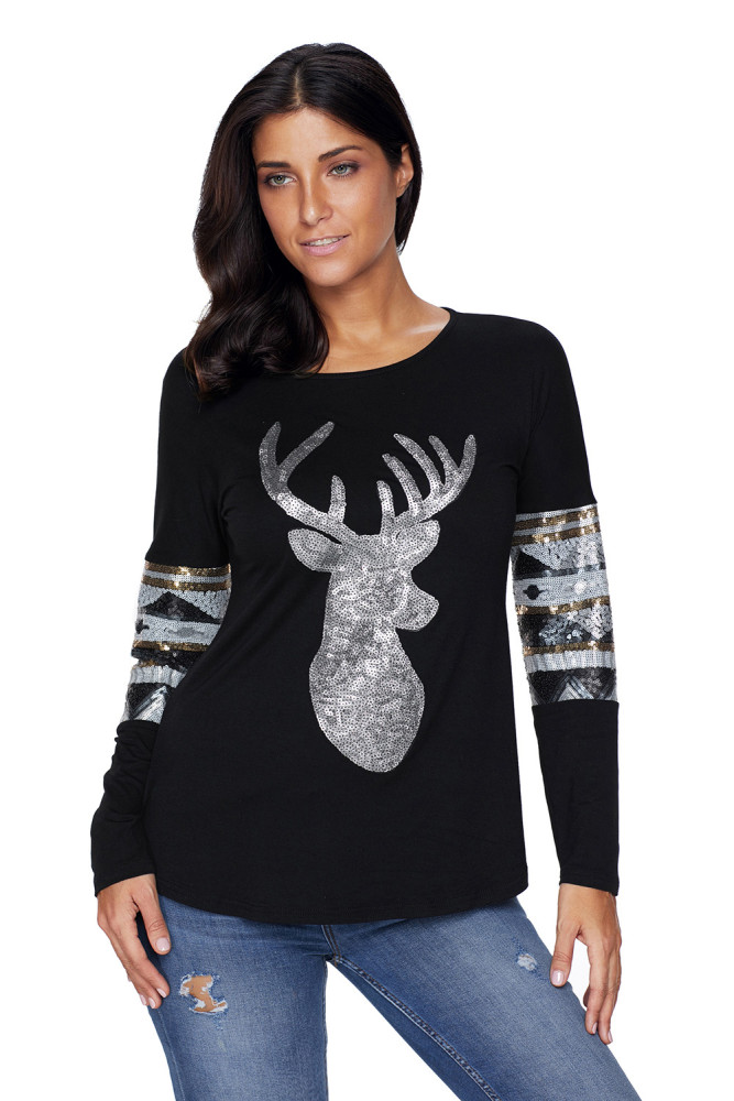 Black Loose Sequin Christmas Reindeer Top