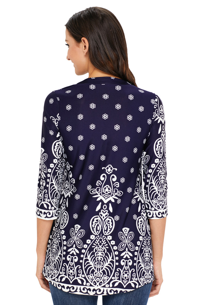 Navy Blue Floral Notch Neck Pin-tuck Tunic