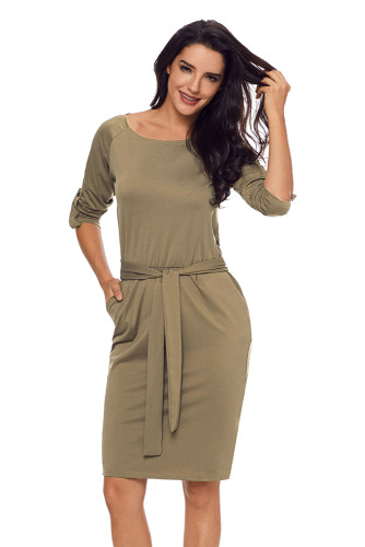 Olive Roll-tab Long Sleeve Tie Waist Midi Dress