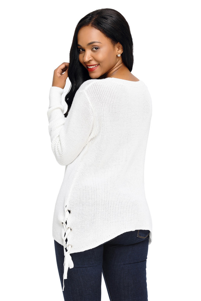 White Long Sleeve Lace up Sided Sweater
