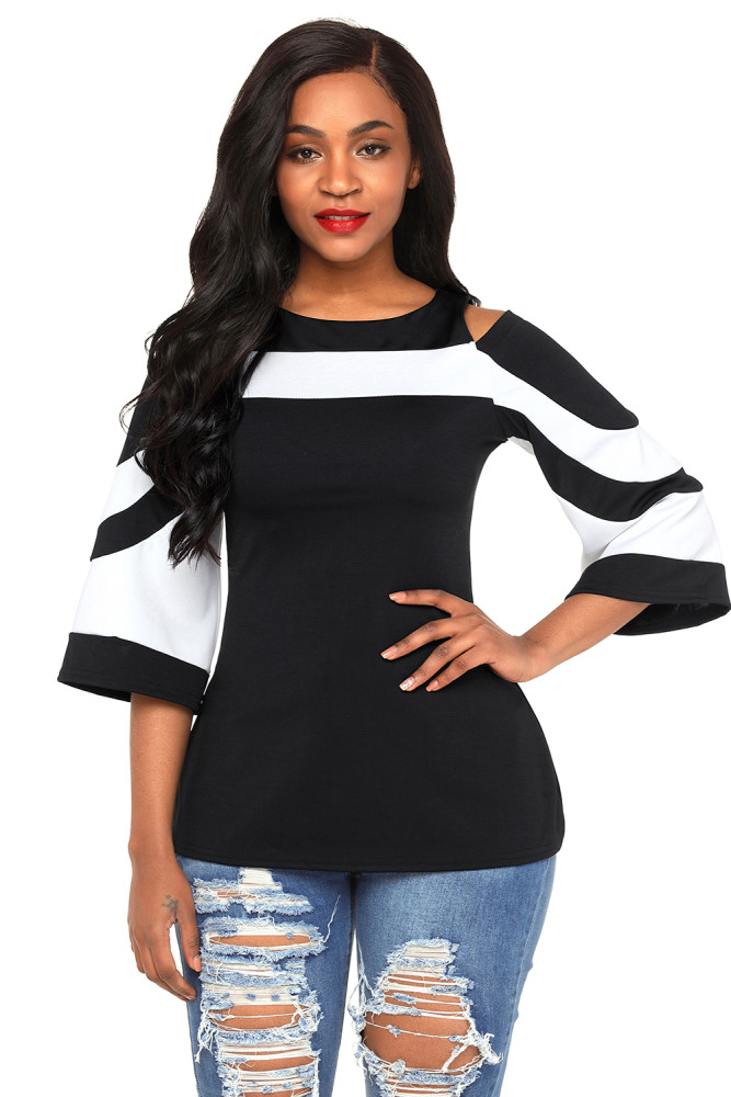 Black White Colorblock Bell Sleeve Cold Shoulder Top