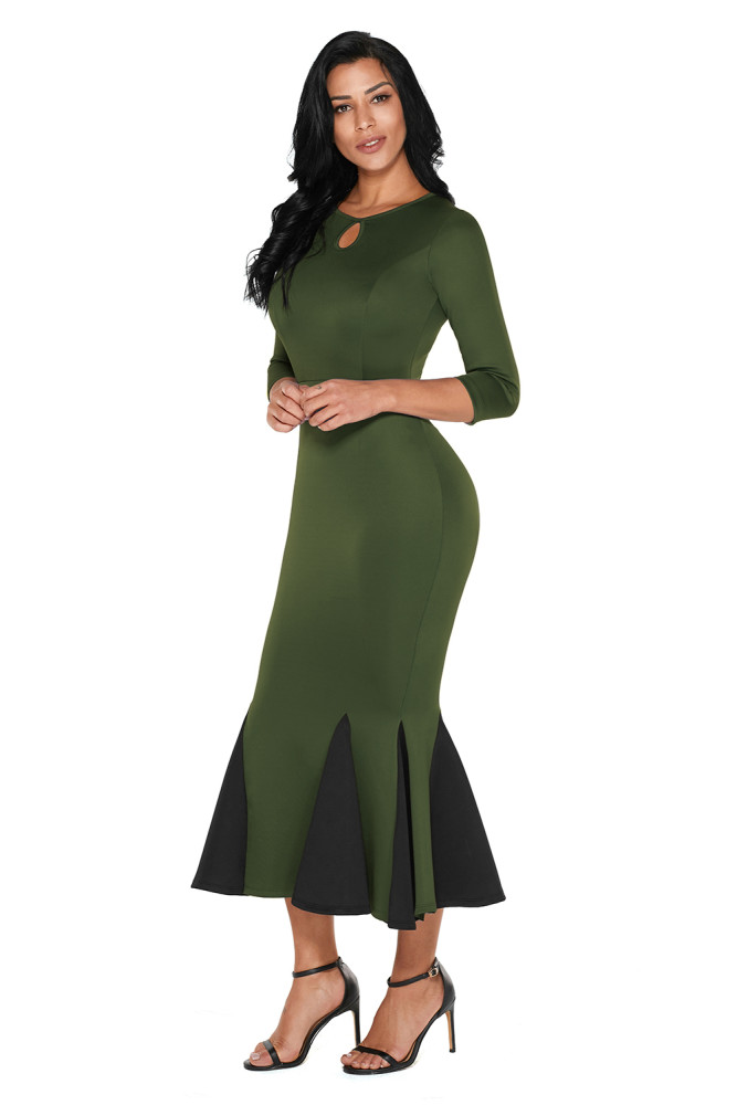 Olive Keyhole Front Flounce Hem Vintage Dress
