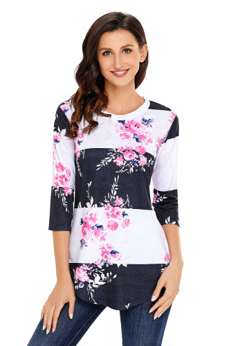 Charcoal White Bold Stripe Pink Floral Shirt