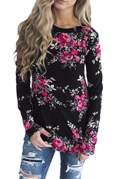 Black Long Sleeve Floral Autumn Womens Top