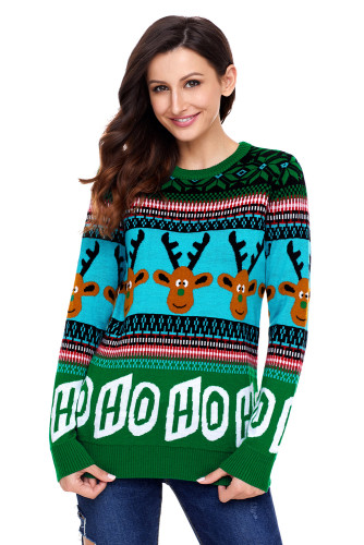 Cartoon Reindeer HO HO HO Green Christmas Sweater