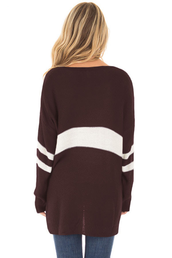 White Strip Brown V Neck Sweater