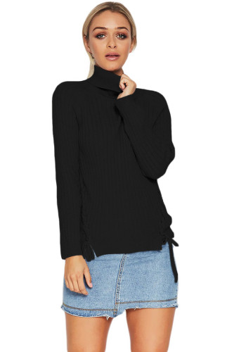 Black Long Sleeve Turtleneck Braided Sweater