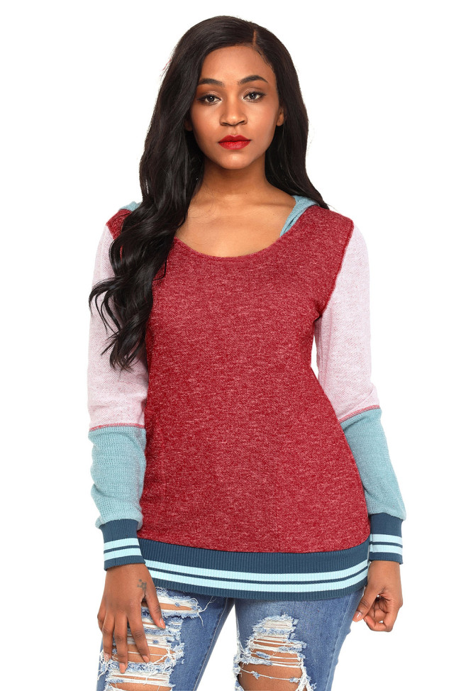 Varsity Striped Purplish Red Colorblock Hoodie