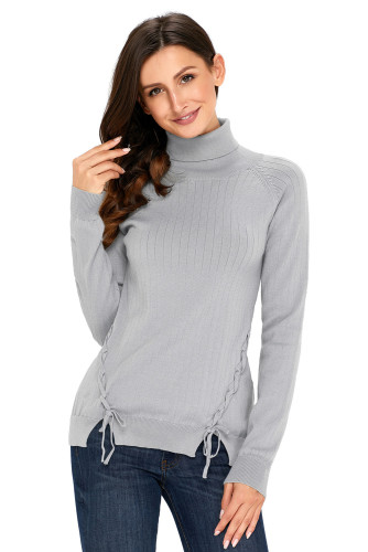 Gray Long Sleeve Turtleneck Braided Sweater