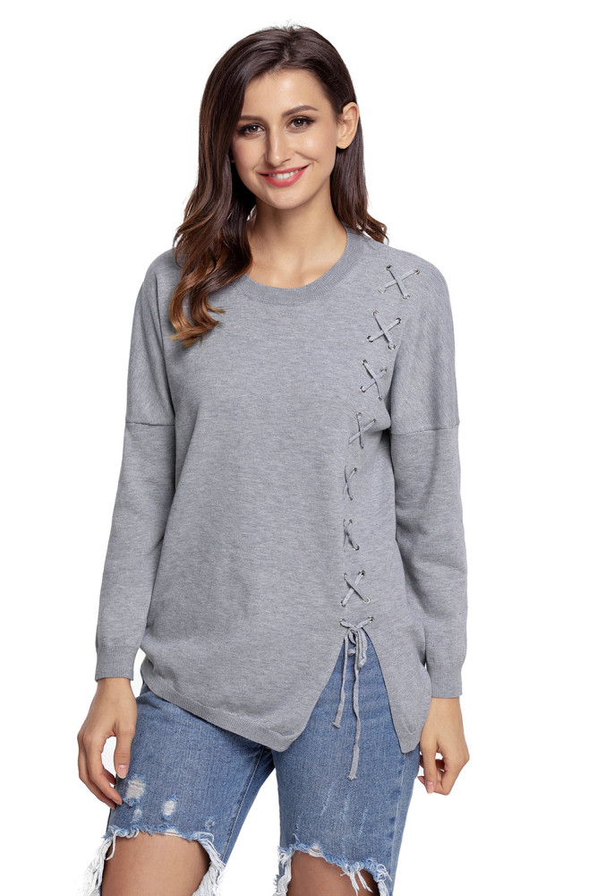 Grey Lace Up Side Lightweight Sweater