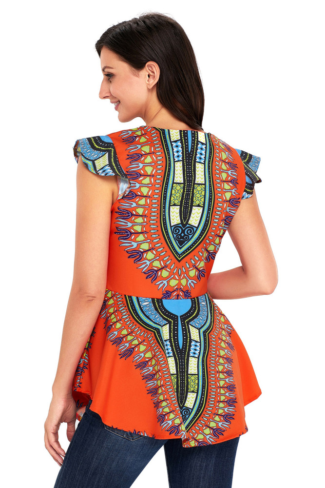 Orange African Printed Zipper Front Peplum Top