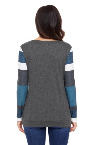 Multicolor Stripes Sleeve Pullover Dark Gray Sweatshirt