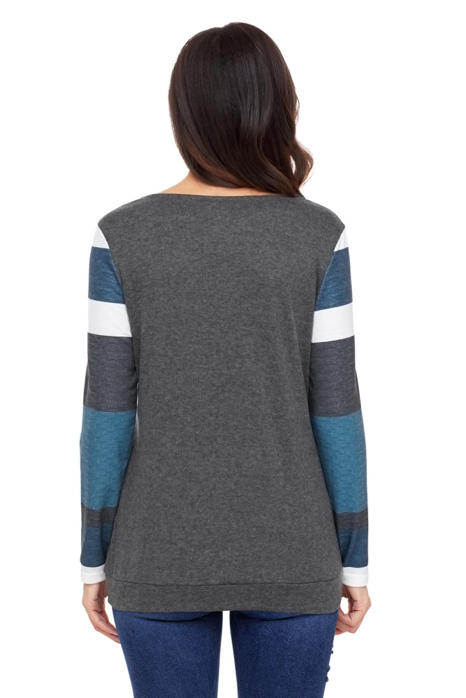 Multicolor Stripes Sleeve Pullover Dark Gray Sweatshirt