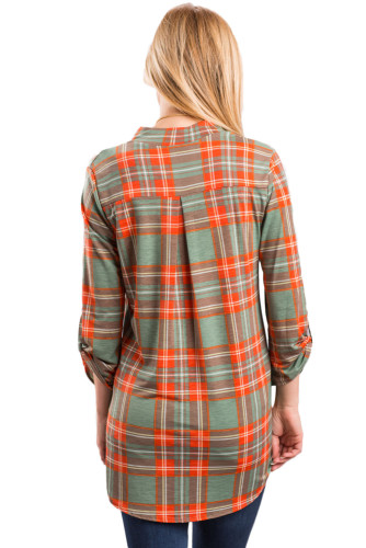 Orange Grassy Plaid Long Sleeve Preppy Blouse