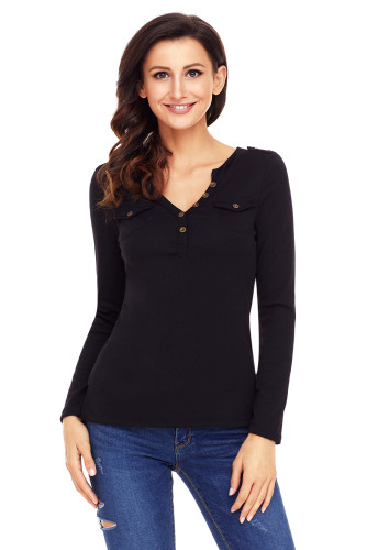 Black Button Long Sleeve Top with Pockets