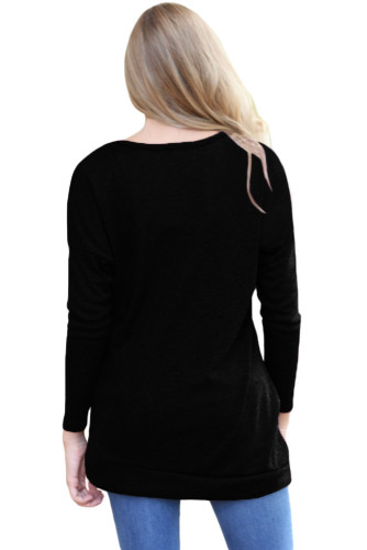 Black Buttoned Side Long Sleeve Spring Autumn Womens Top