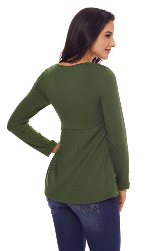Army Green Square Neckline Ruched Long Sleeve Blouse