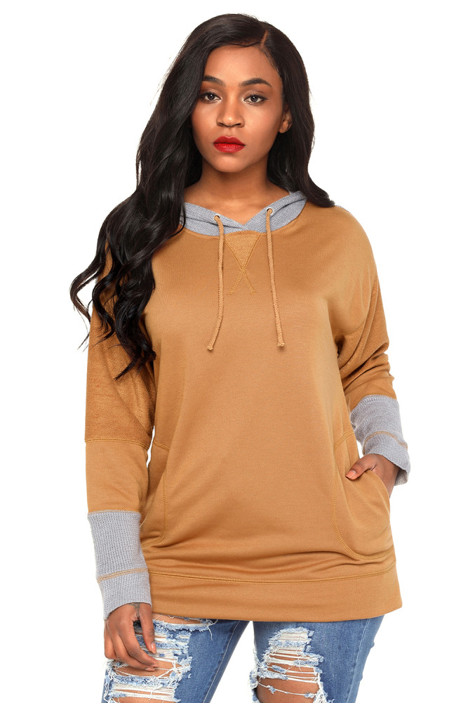 Waffle Knit Splice Khaki Pocket Hoodie