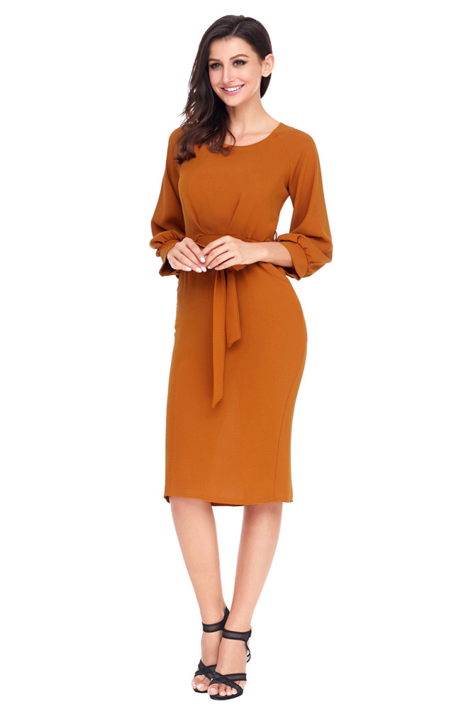 Mustard Puff Sleeve Belt Chiffon Pencil Dress