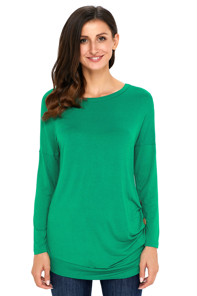 Green Buttoned Side Long Sleeve Spring Autumn Womens Top
