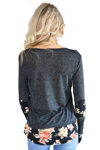 Dark Floral Patchwork Charcoal Long Sleeve Shirt