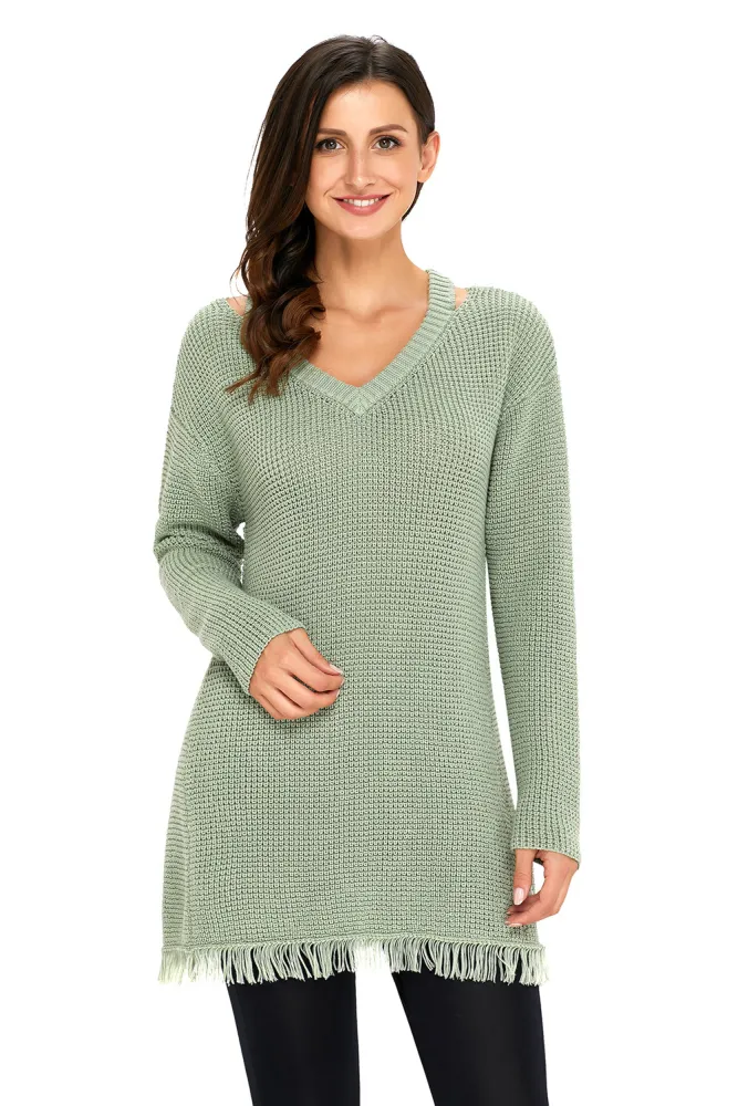 Green V Neck Waffle Knit Sweater