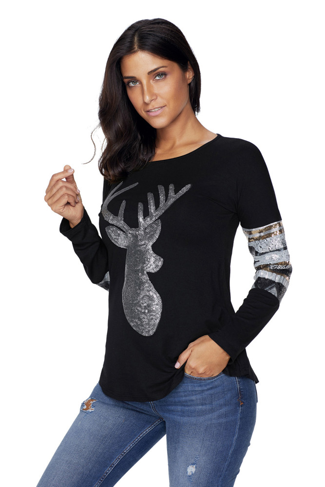 Black Loose Sequin Christmas Reindeer Top