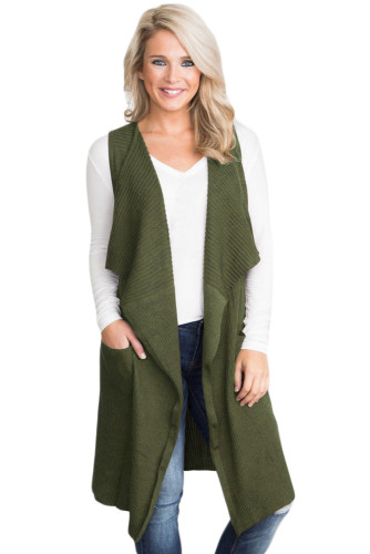 Army Green Pocket Long Cardigan Vest