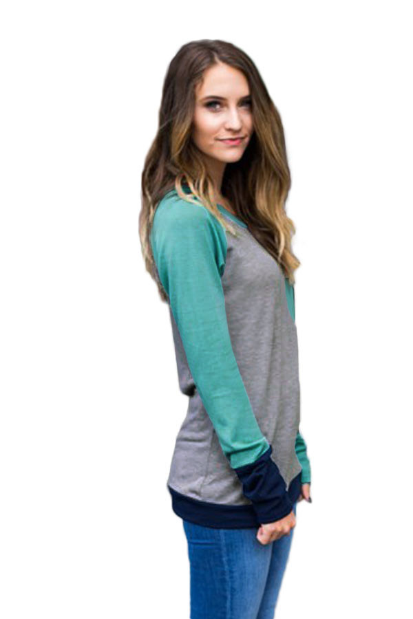 Green Navy Splice Gray Long Sleeve Top